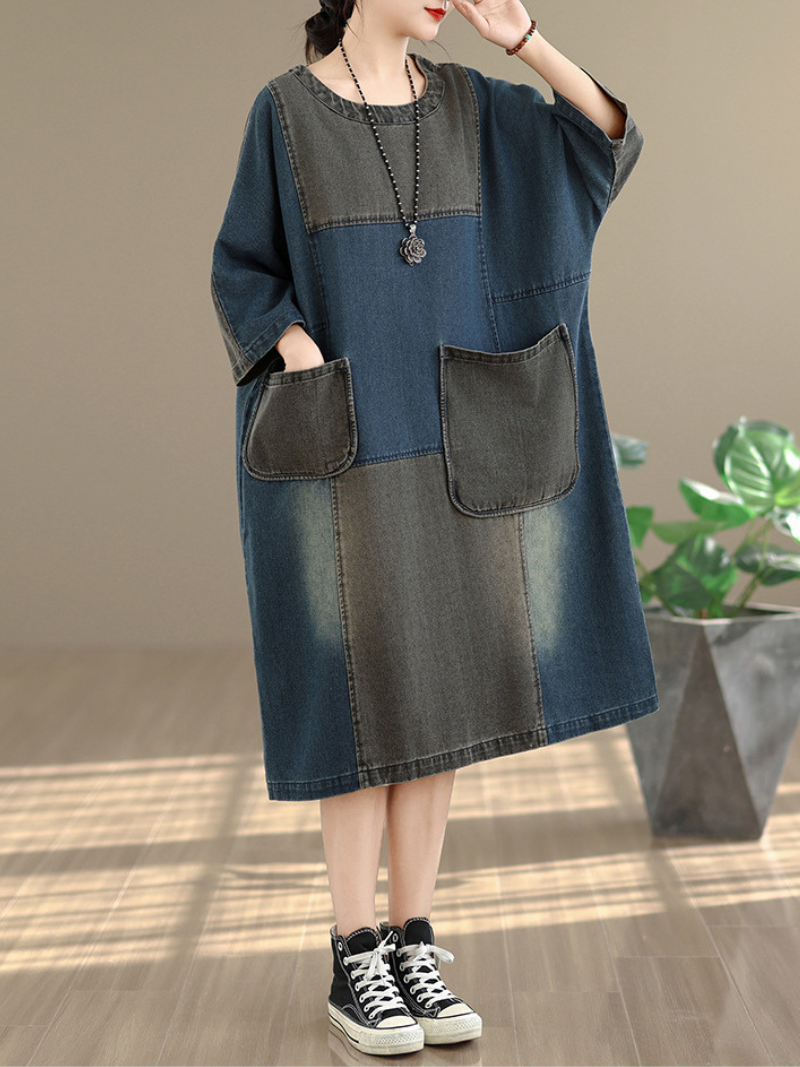 Artisanal Patchwork Denim Dress with Oversized Pockets, Relaxed Cocoon Fit
