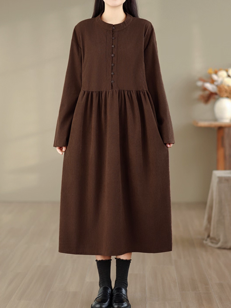 Elegant Corduroy Long-Sleeve Midi Dress with Buttons and Banded Collar