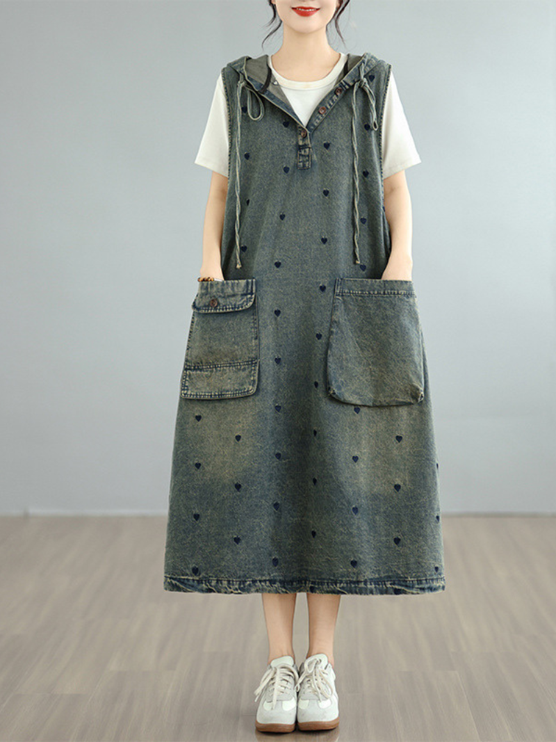 Hooded A-Line Denim Dress with Pockets and Playful Heart Motifs