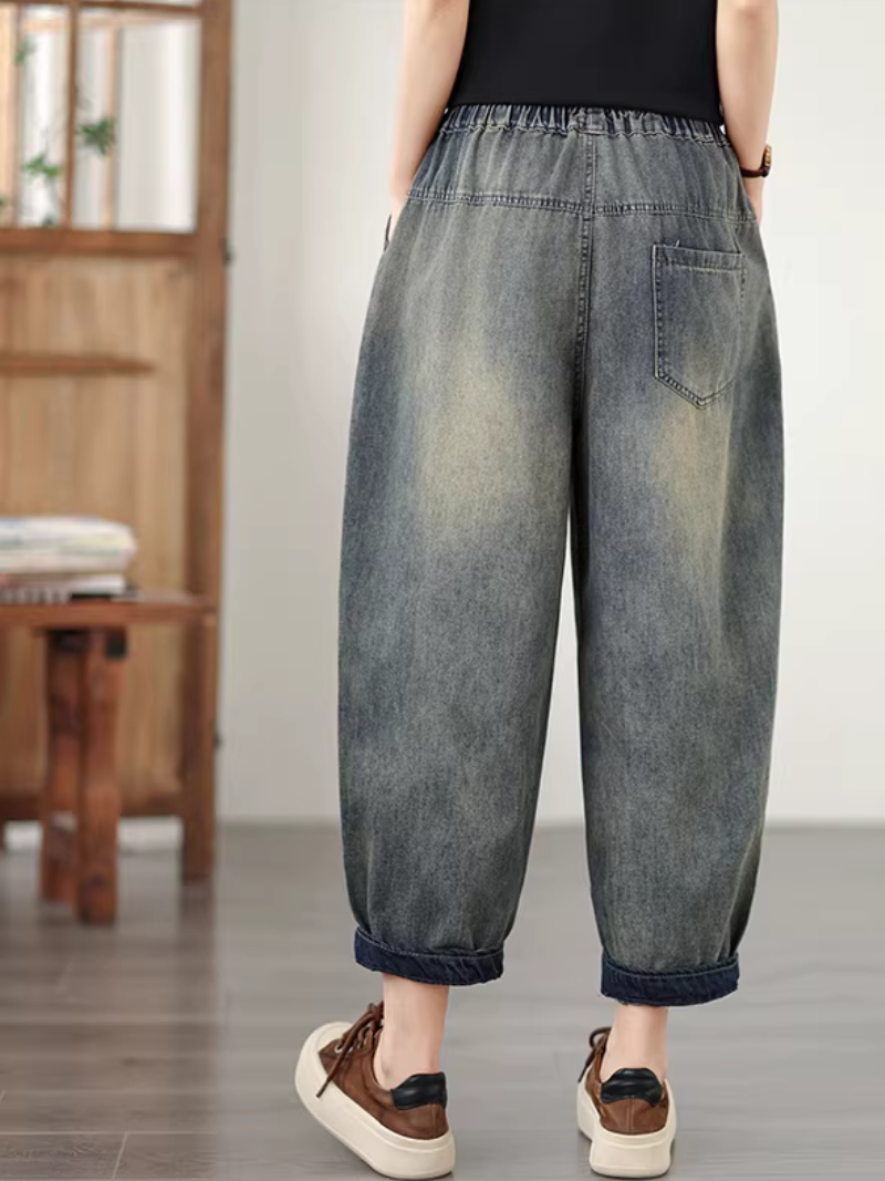 Relaxed Harem Denim Pants in Soft Denim Cotton with Elastic Waist