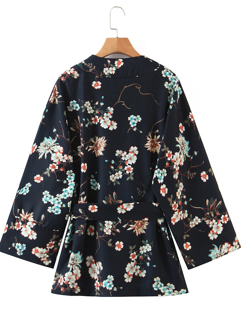 Short Kimono Floral Print Black Color Polyester Short Length Gown Robe Kimono