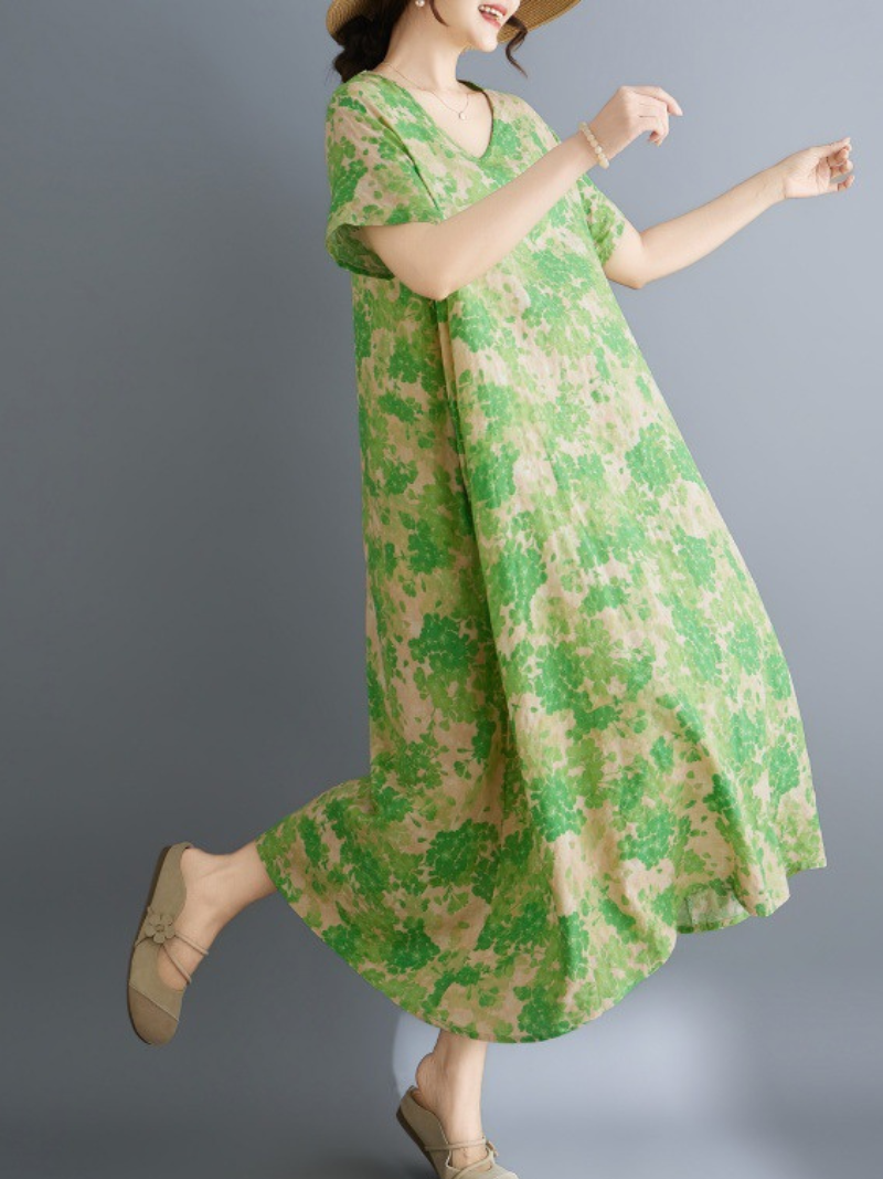 Airy Trapeze Cotton Summer Dress with Artful Print and V‑Neck