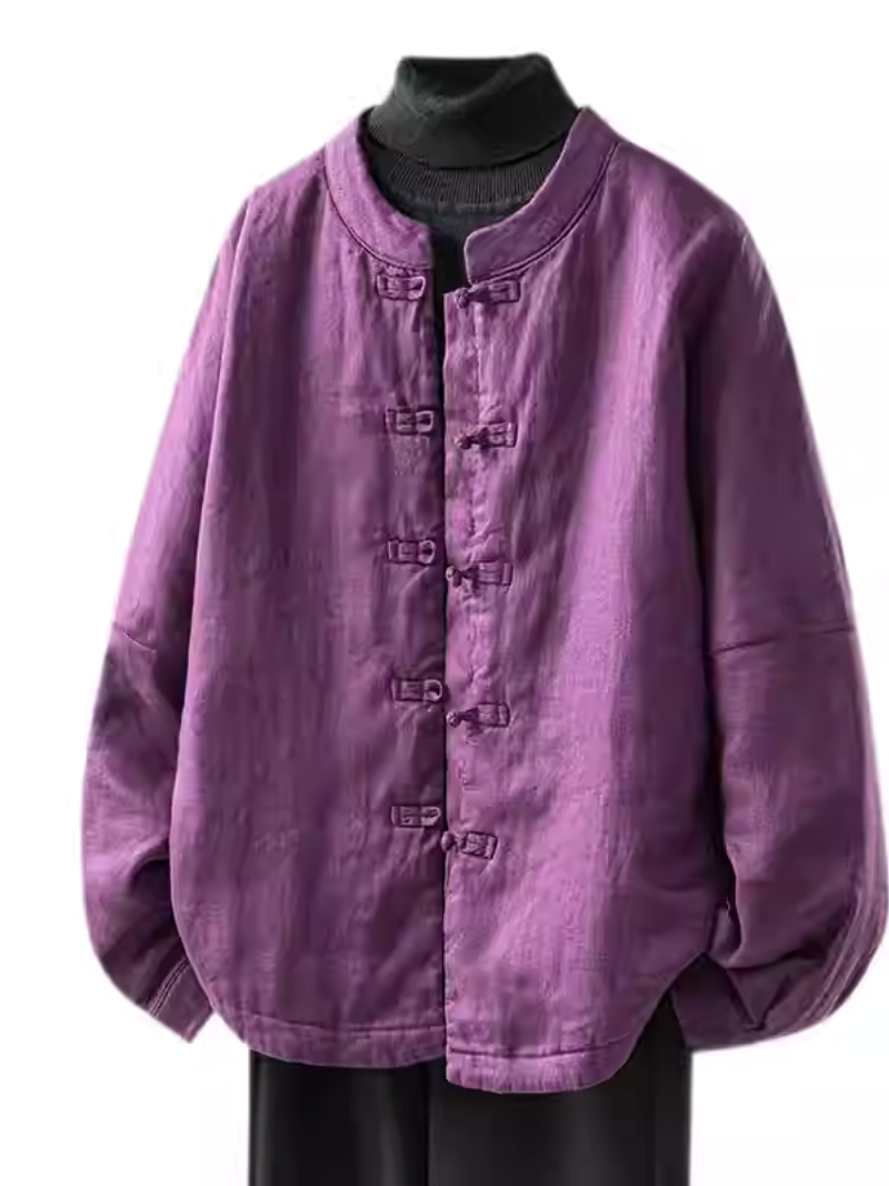 Chic Mandarin-Collar Cotton-Linen Frog-Button Women’s Jacket with Relaxed Oversized Silhouette
