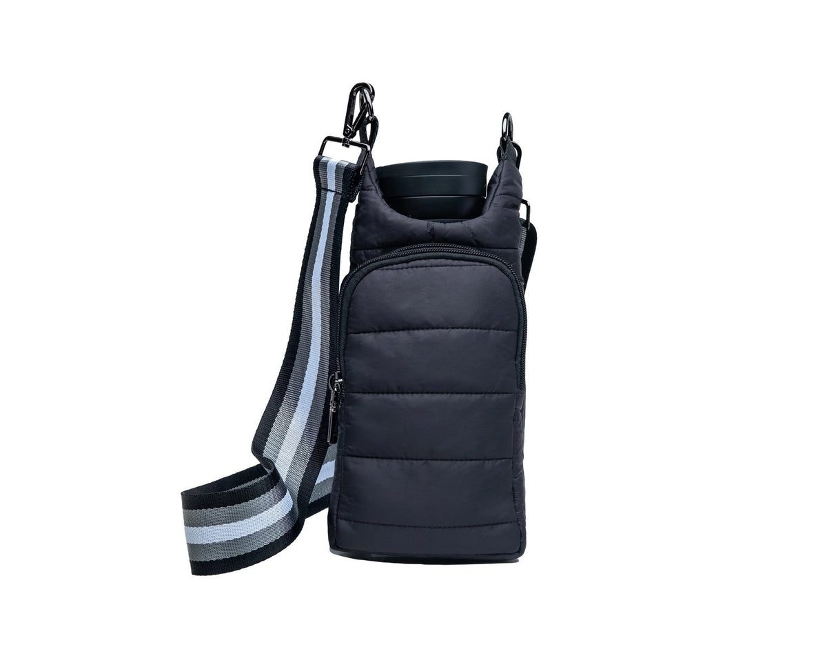 Black hydro bag with gray striped strap