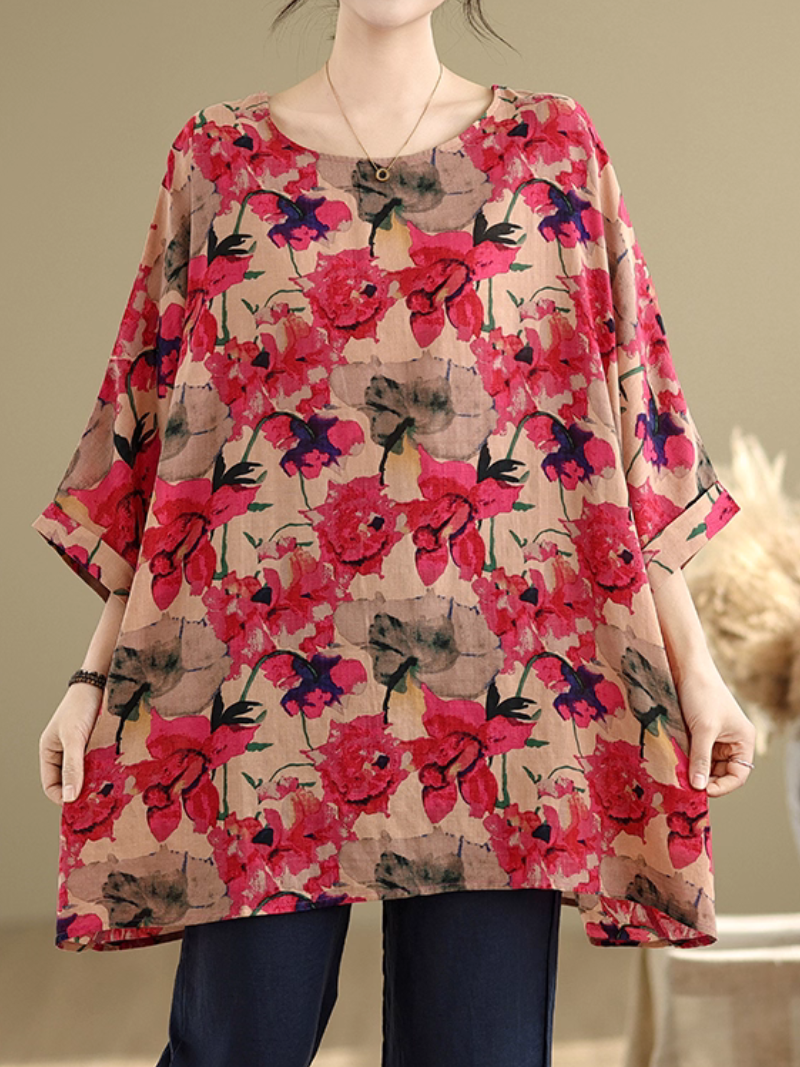 Artful Floral Tunic Blouse in Cotton&Flax with Batwing Draping