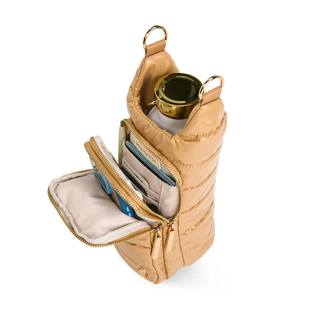 Camel lacquer hydrobag w/patterned strap