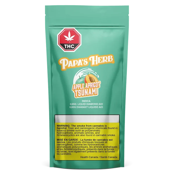 Front-facing shot of the Papa's Herb Apple Apricot Tsunami Liquid Diamond Cartridge pouch on a teal background with a prominent THC symbol and yellow warning box.