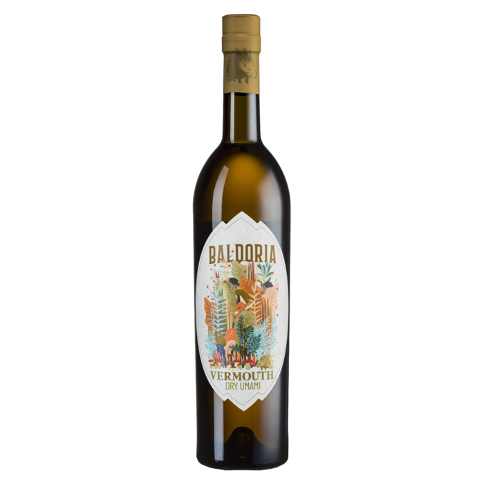 Baldoria Dry Umami Vermouth bottle, green glass with gold foil cap and front label