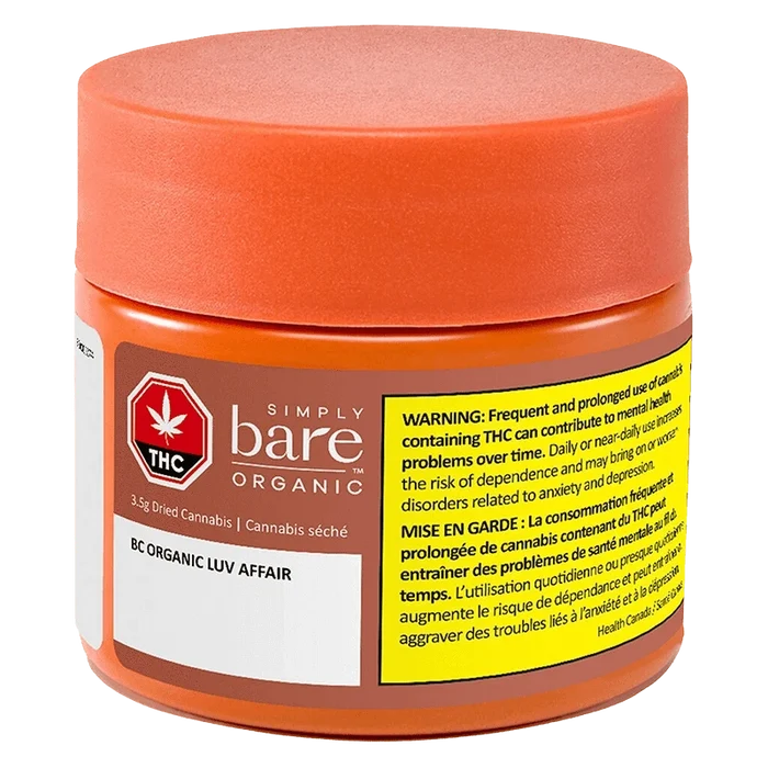 Close-up front view of the orange BC Organic Luv Affair jar with a textured lid, brown label, and prominent yellow THC warning panel.