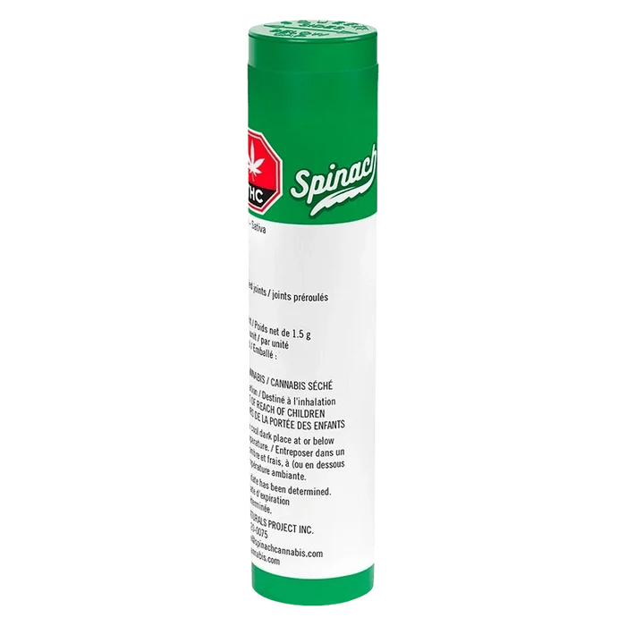 Tall front view of the green-and-white Blue Thai PR 3 x 0.5 g cylindrical container showing its Spinach logo and small printed text.