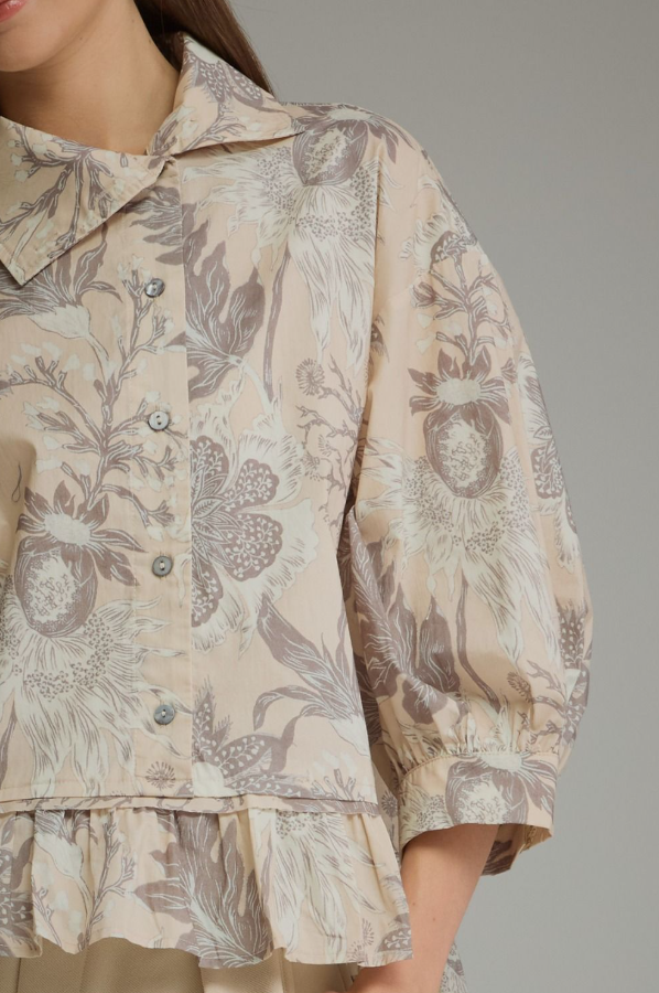 Button-Up Ruffle Floral Ecru Blouse Tops in at Wrapsody