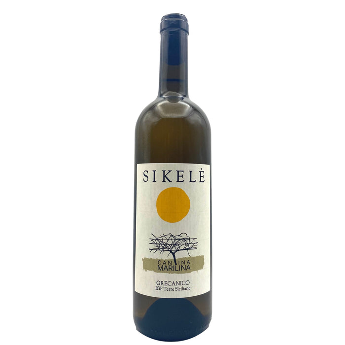 Cantina Marilina Sikele Grecanico 2022 wine bottle with cream label and blue cap
