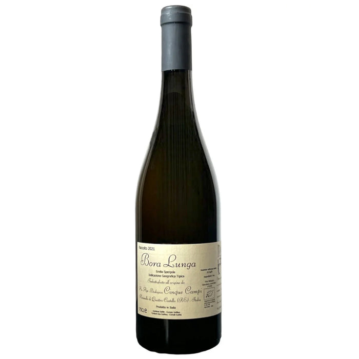 Cinque Campi Bora Lunga wine bottle with white label and dark glass
