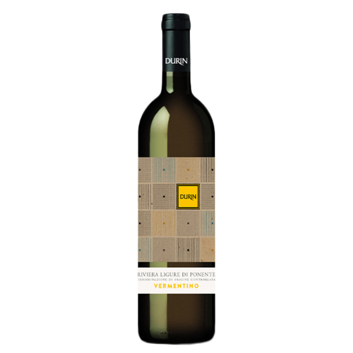Durin Vermentino 2022 wine bottle with yellow label and black neck foil
