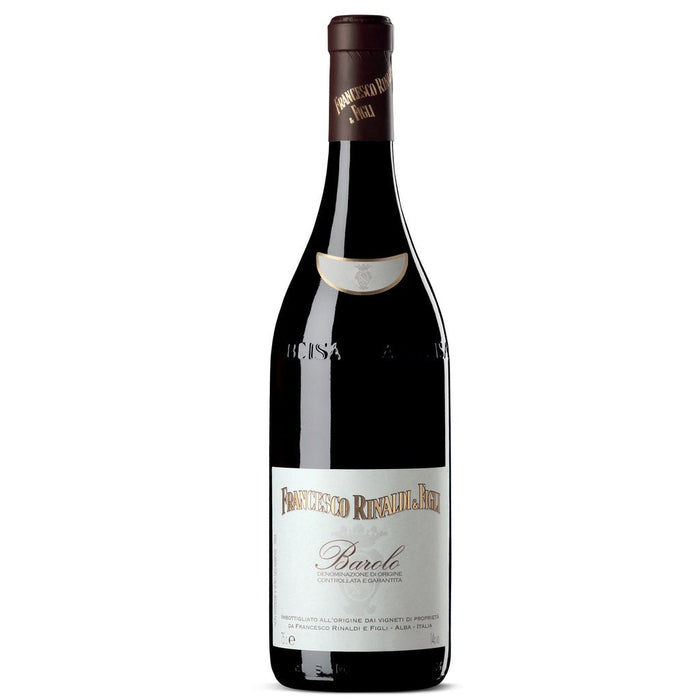 Francesco Rinaldi Barolo 2019 wine bottle with dark label and foil neck wrap