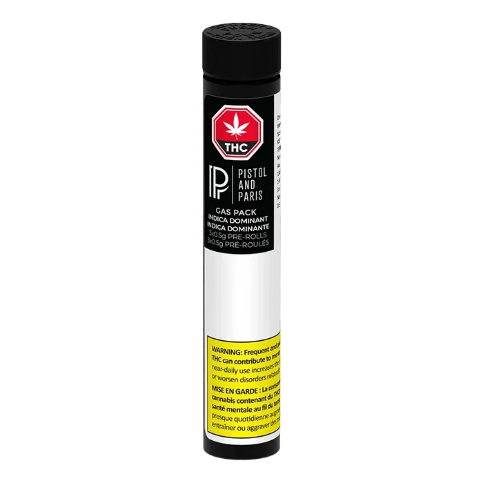Tall front-facing PR 3 x 0.5 g Gas Pack (Notorious, Rockstar, Deathbubba) showing a black cap, black label with red THC symbol, and a yellow warning panel.