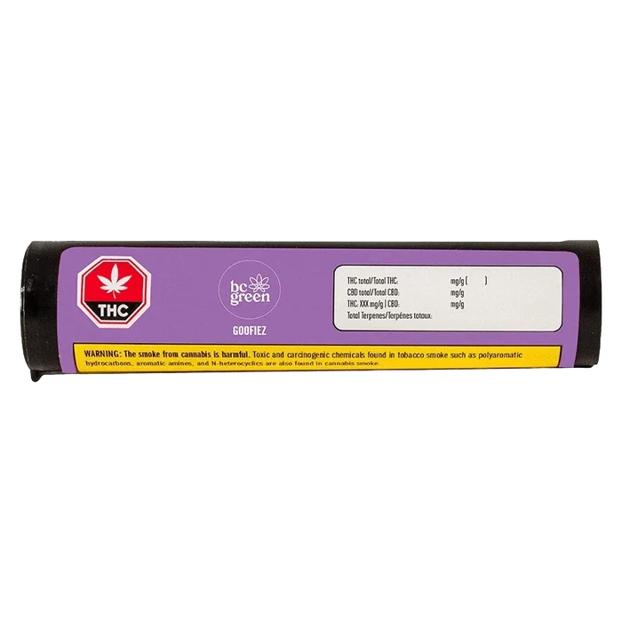 Horizontal close-up of the purple-labeled Goofiez PR 10 x 0.5 g tube showing a THC warning badge and nutritional panel.