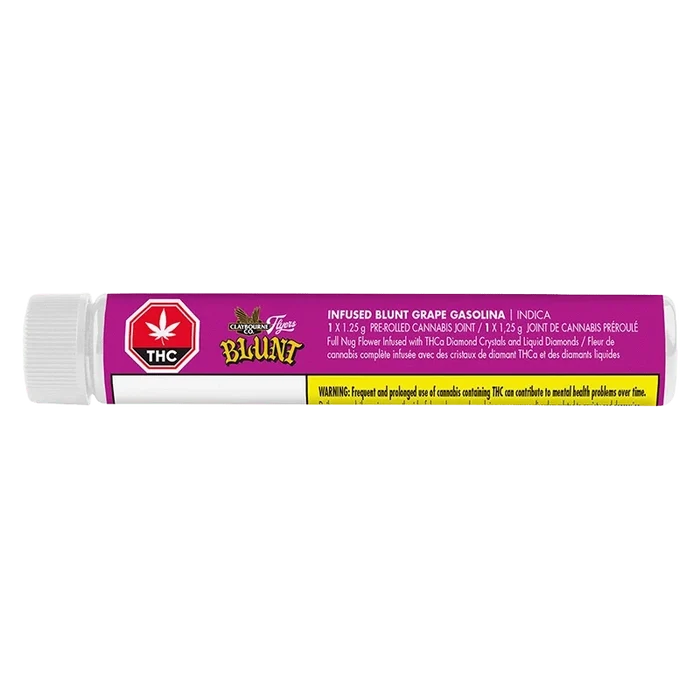 Horizontal close-up of a purple tube labeled "Grape Gasolina Infused PR 1 x 1.25 g" with a white cap and THC warning strip.
