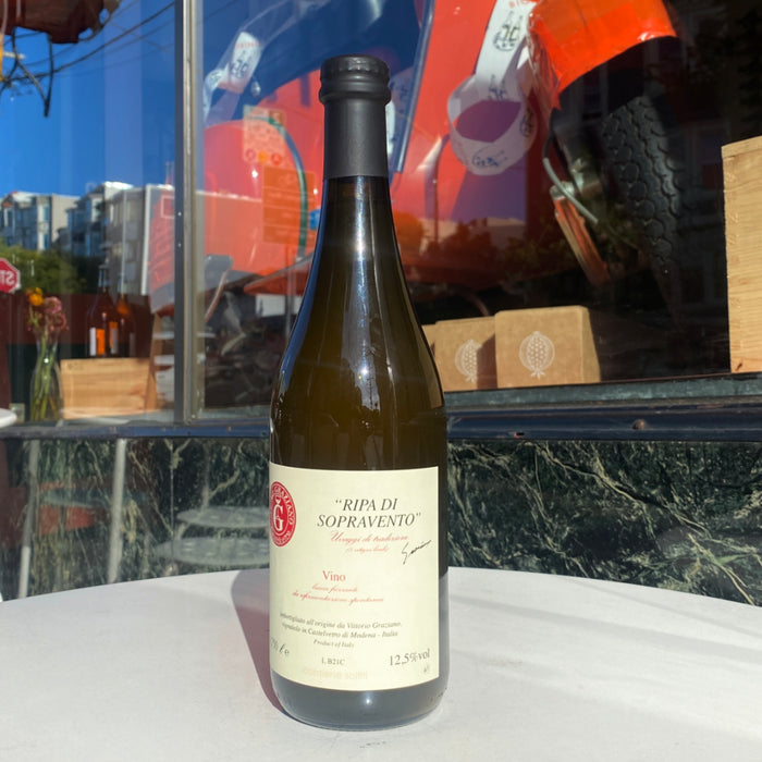 Graziano Ripa di Sopravento white wine bottle, dark glass with cream label, 2021
