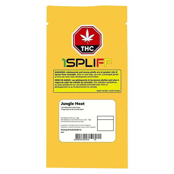 Front-facing image of the yellow package labeled Jungle Heat Disposable Vape by 1SPLIFF with a red THC stop sign and warning block.