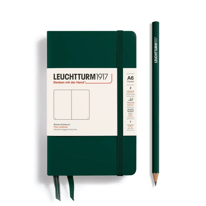 Forest green hardcover A6 notebook with elastic band closure, two ribbon markers
