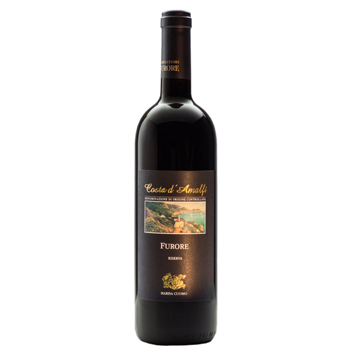 Italian red wine bottle with dark glass and foil top, label with landscape illustration