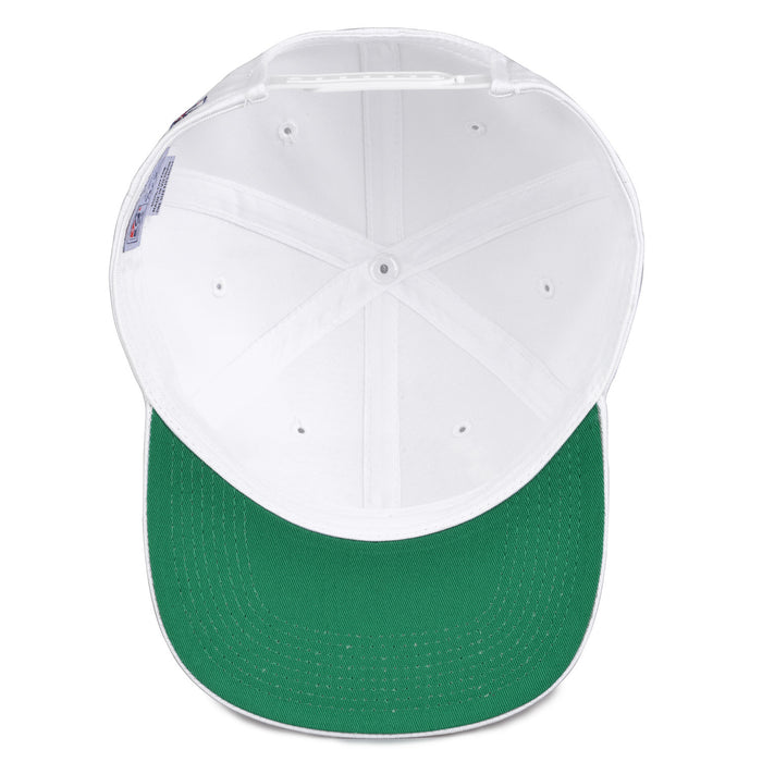 Michigan Retro Bar snapback hat in white, interior view showing the green undervisor