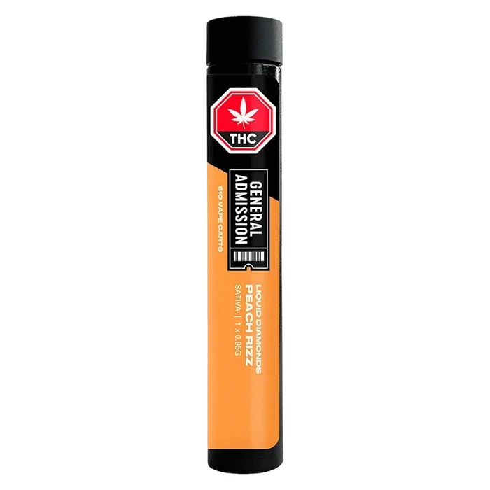 Straight-on view of a tall orange tube labeled Peach Rizz Liquid Diamond Blend Vape Cartridge with a black cap and prominent THC stop sign badge.