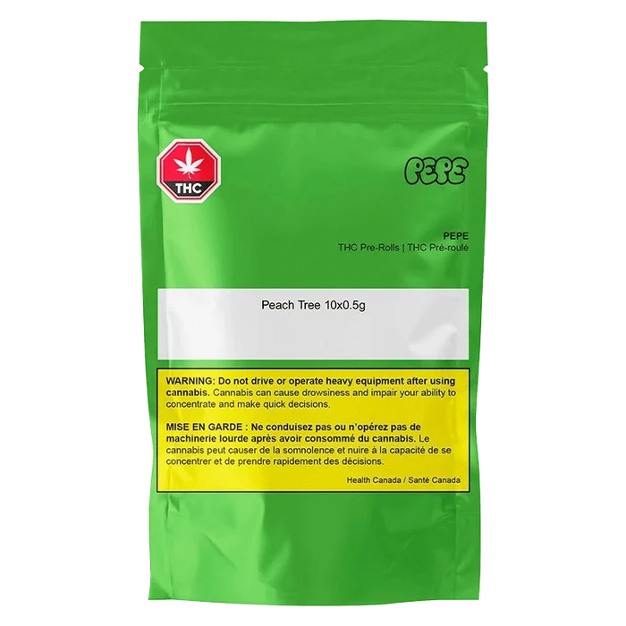 Front-facing shot of the bright green Peach Tree PR 10 x 0.5 g bag with white label and yellow warning box centered on the pouch