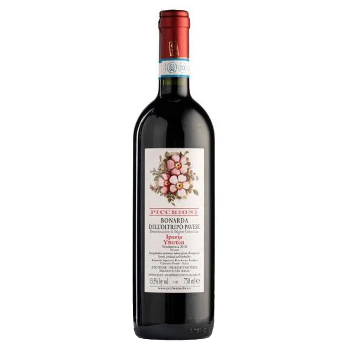 Picchioni Ipazia Bonarda sparkling wine bottle, dark glass, red cap, front label view