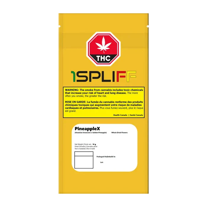 Front-facing shot of the yellow package showing the PineappleX label beneath a red THC stop sign and a black SPLIFF logo.