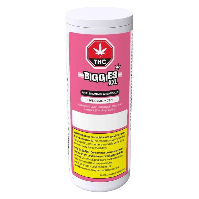 Front-facing view of the Pink Lemonade Creamsicle Live Resin THC:CBD Gummies cylindrical pink Biggies XXL container with white cap and warning label.