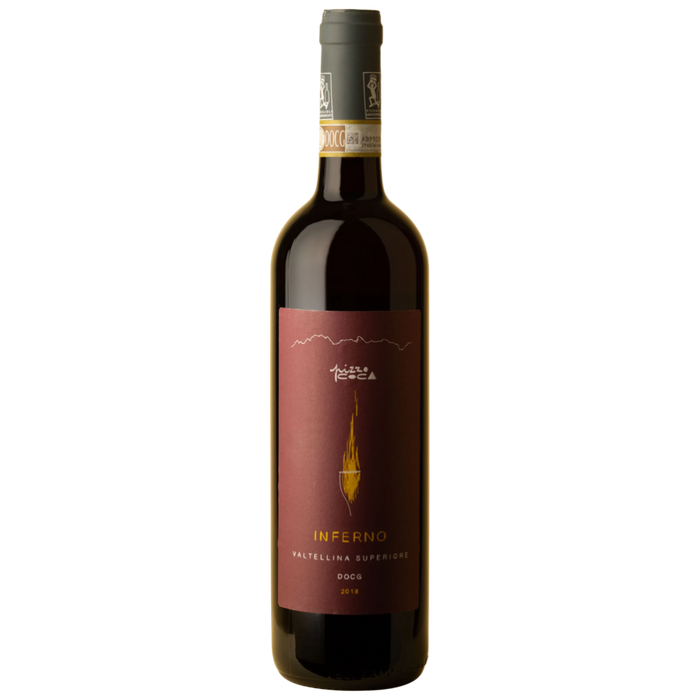 Wine bottle in dark glass with burgundy label, gold accents, and foil neck