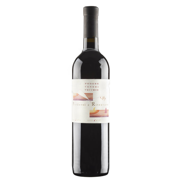 Red wine bottle with black foil cap and front label, sealed cork top