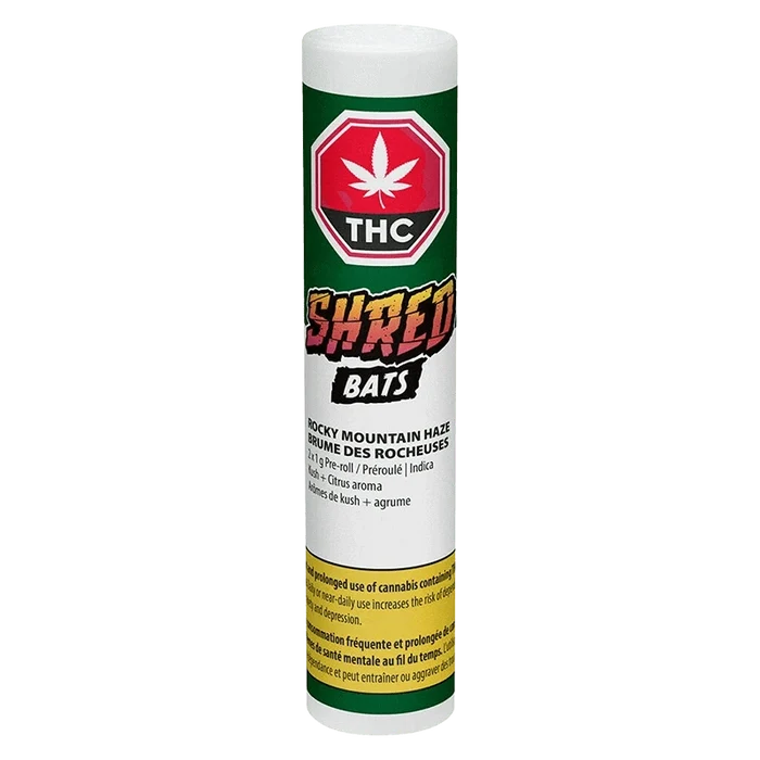 Tall front-facing tube labeled Rocky Mountain Haze Bats PR 2 x 1 g with green upper panel, red THC emblem, and bold "SHRED BATS" logo.