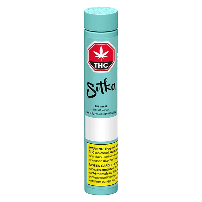 Tall front-facing turquoise tube labeled "Ruby Haze PR 5 x 0.5 g" with a red THC stop-sign logo and a yellow warning panel at the bottom.