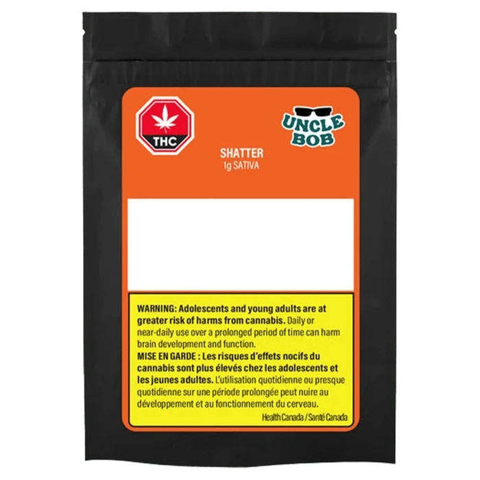 Front-facing shot of the black pouch packaging labeled "Uncle Bob Sativa Shatter" with an orange label, THC symbol, and yellow warning panel.