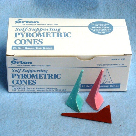 Box of Orton Self-Supporting Pyrometric Cones with green and pink cones standing upright in front of it