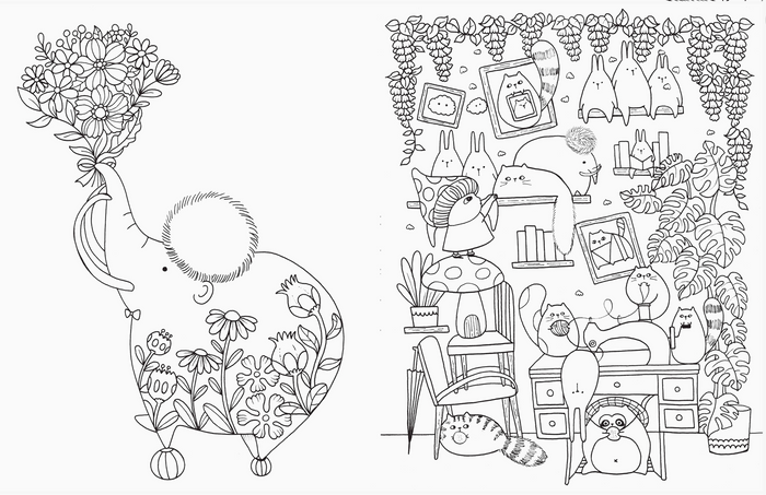 Coloring book page with cartoon hedgehog, books, and plants