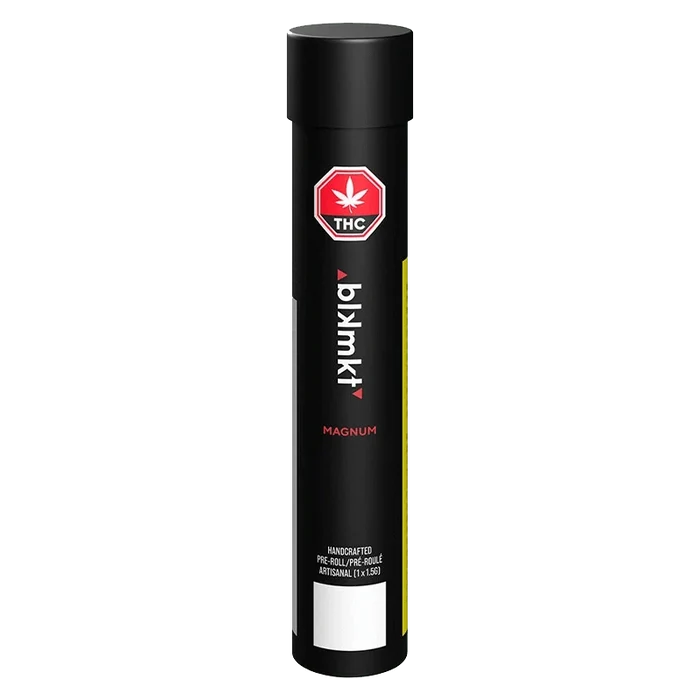 Tall front view of The Magnum PR 1 x 1.5 g black cylindrical tube standing upright with a red THC octagon logo near the top.