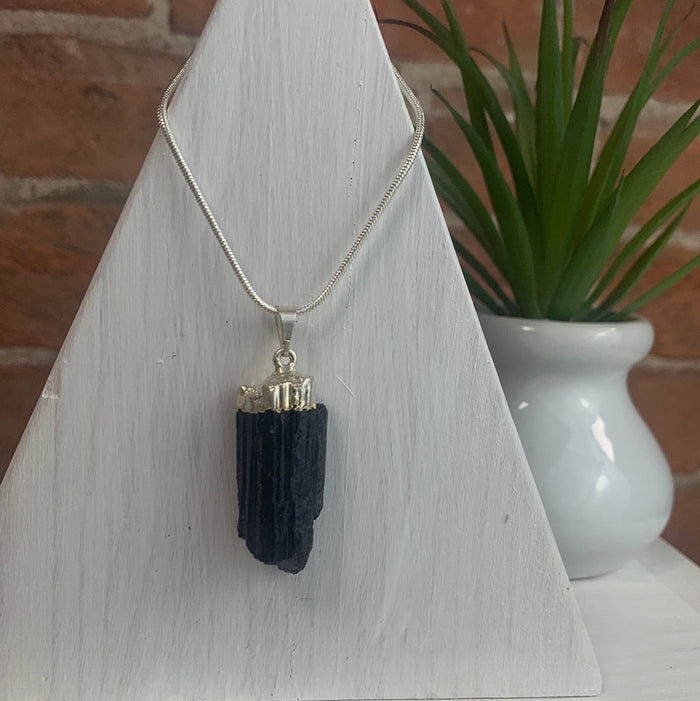 Tourmaline Black Pendant Plated 1.5" - silver or gold Tones