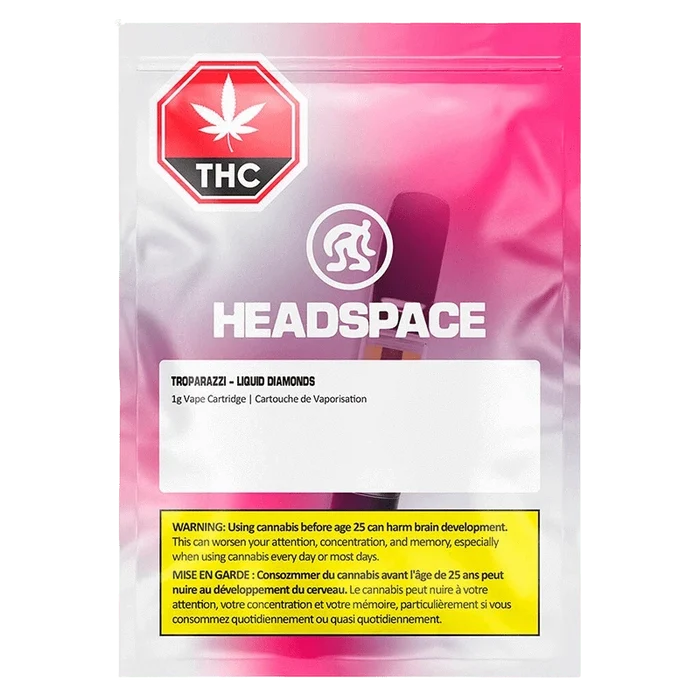 Front-facing product shot of the Troparazzi Liquid Diamond Vape Cartridge packaging with a pink gradient background, large HEADSPACE logo, THC symbol, and warning label visible.