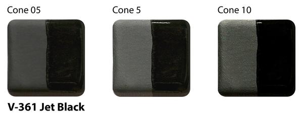 Amaco V-361 Jet Black underglaze on three test tiles at cone 05, 5 and 10, each half grey satin and half glossy black