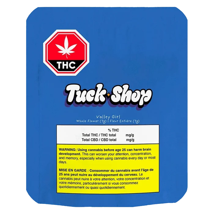 Front-facing blue package showing the Truck Shop "Valley Girl" label, THC red octagon logo at top left, and a yellow warning box at the bottom.