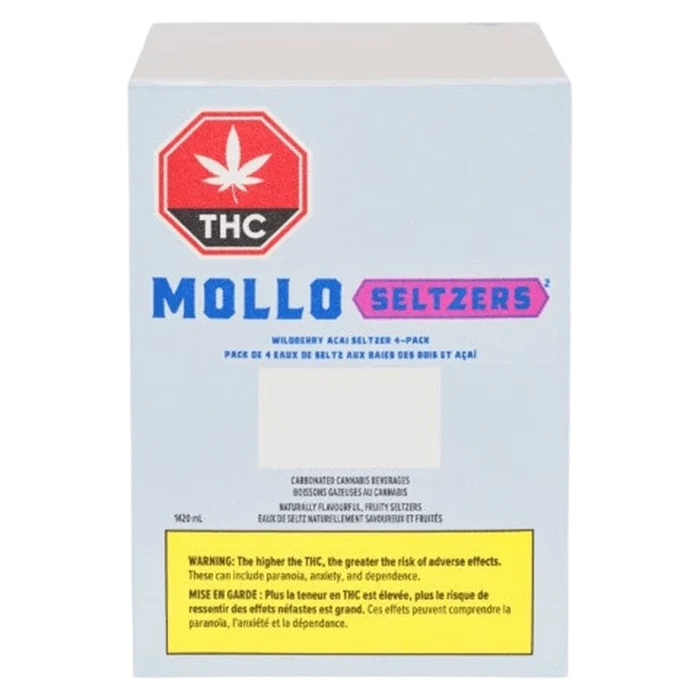 Front-facing shot of the Wildberry Acai Seltzer Multi Pack box with bold MOLLO Seltzers logo and a red THC warning badge on a pale blue background