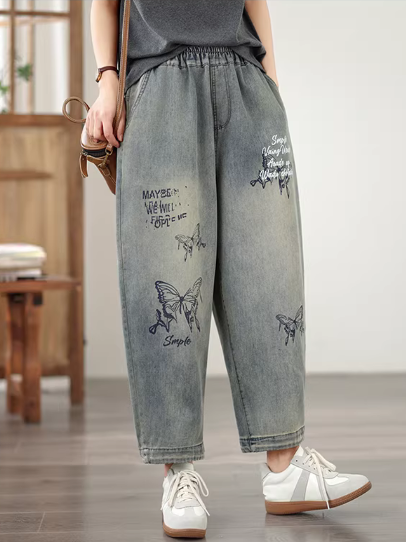 Artsy Butterfly Print Relaxed Denim Pants with Elastic Waist Cropped Hem
