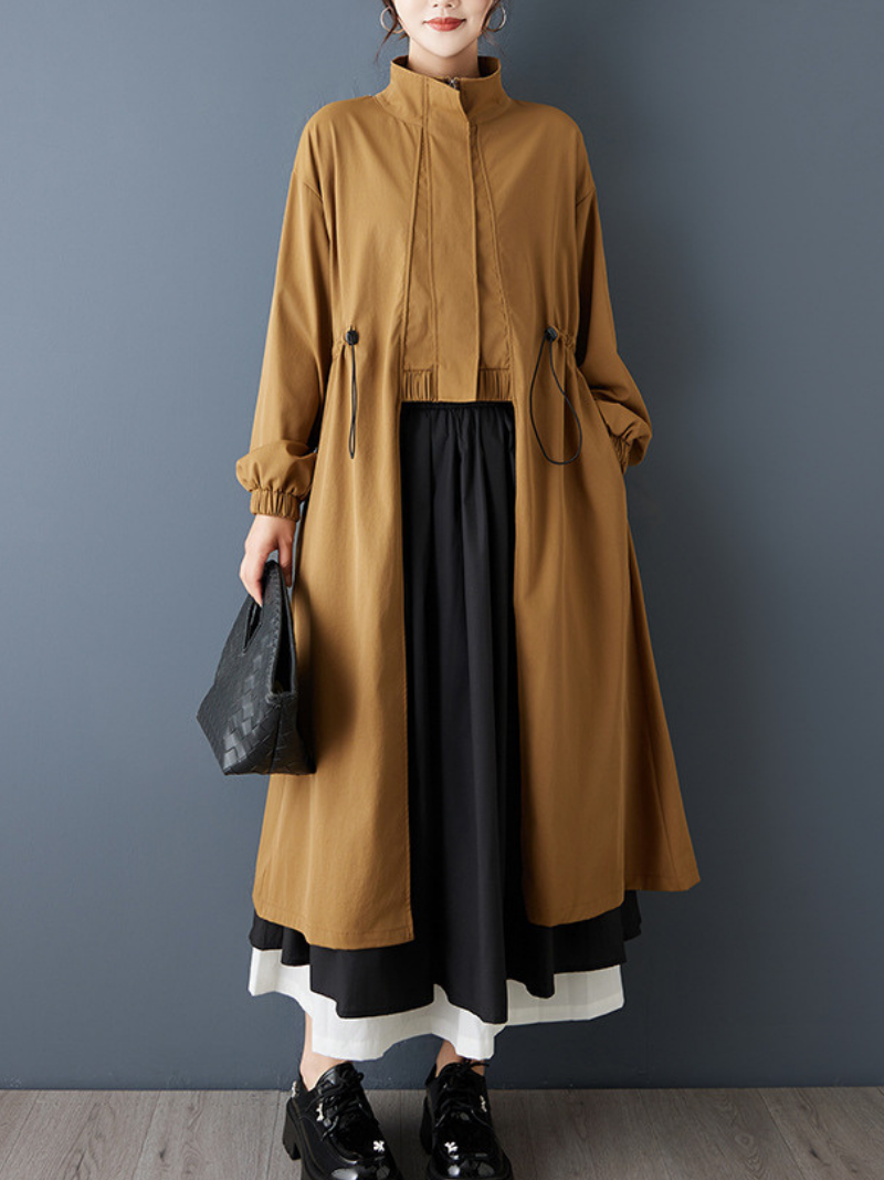 Minimalist Stand-Collar Drawstring Trench Coat, Oversized Longline Everyday Elegance