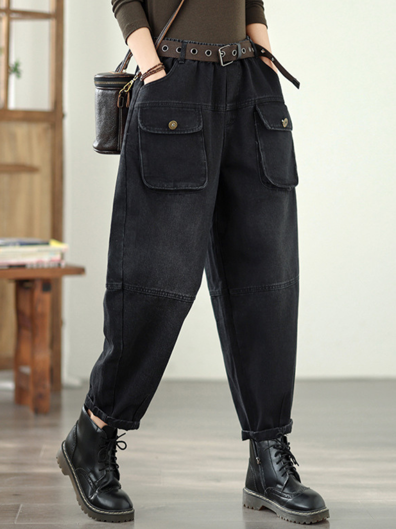 High-Waist Denim Cotton Cargo Pants with Belt, Relaxed Barrel Leg