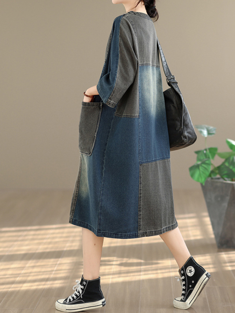 Artisanal Patchwork Denim Dress with Oversized Pockets, Relaxed Cocoon Fit