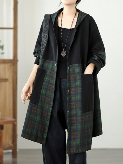 Longline Denim Cotton Plaid Shacket Coat with Hood and Pockets